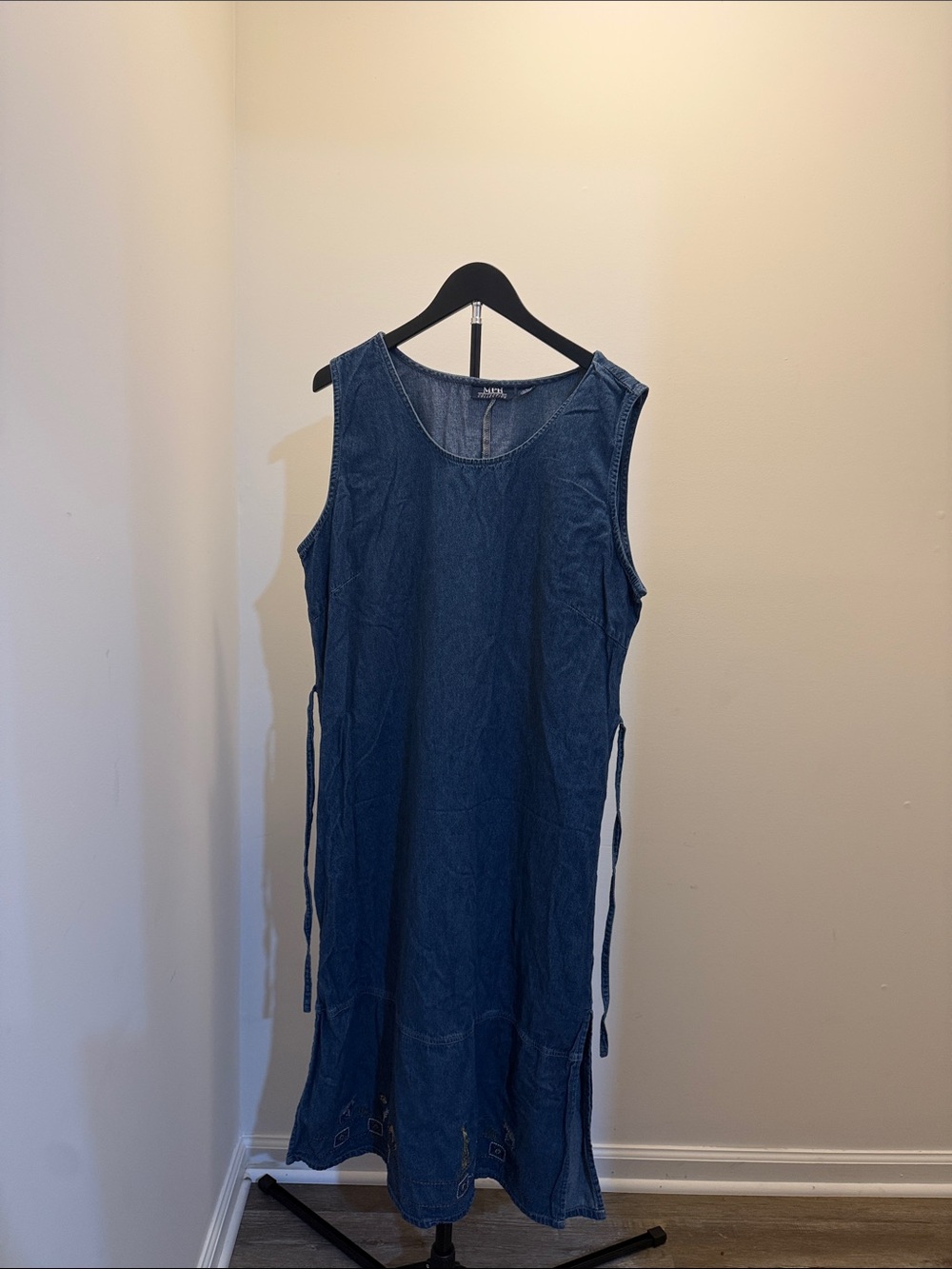 Sleeveless Denim Midi Dress with Side Ties - Blue
